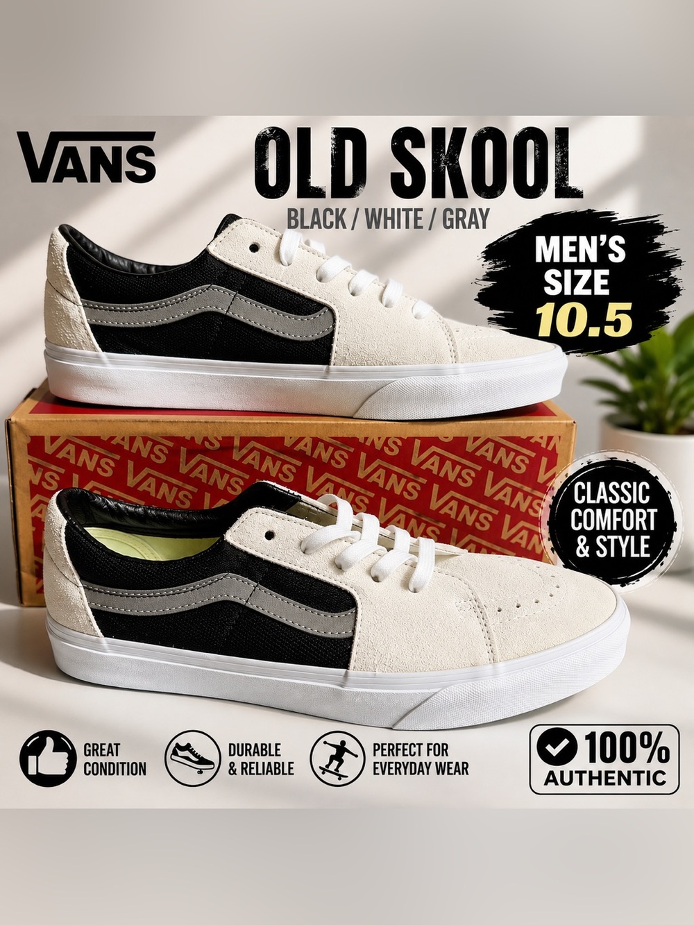 Vans Old Skool Men's Black, White & Gray Low-Top Sneakers Mens 10.5 Women 12